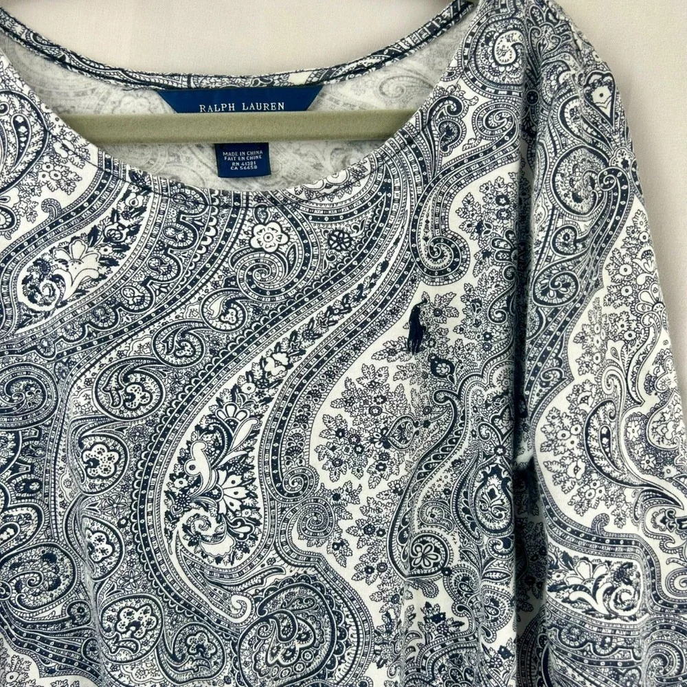Ralph Lauren Dress Girls Size Medium Paisley Floral Long Sleeves Navy Blue White